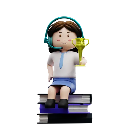 Female student sitting on a book  3D Illustration