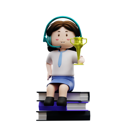 Female student sitting on a book 3D Illustration