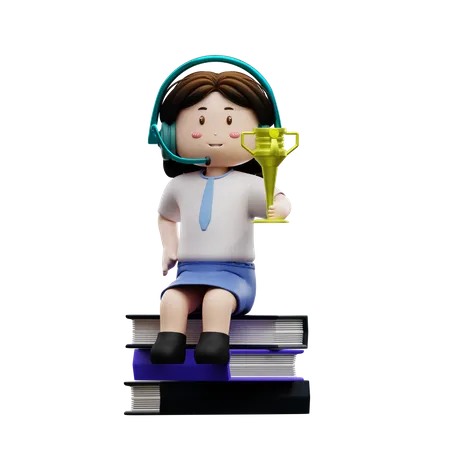 Female student sitting on a book 3D Illustration