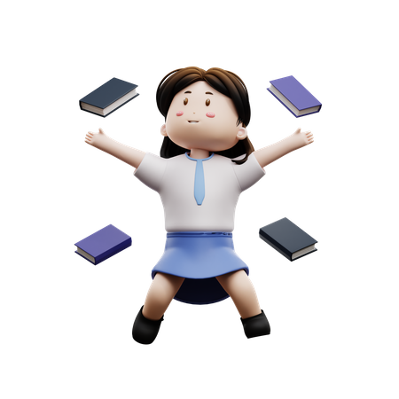 Female student with flying books  3D Illustration