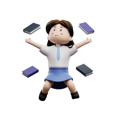 Female student with flying books  3D Illustration