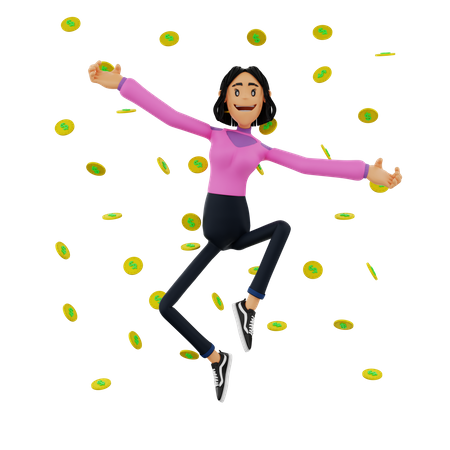 Female Successful Investor jumping in air  3D Icon