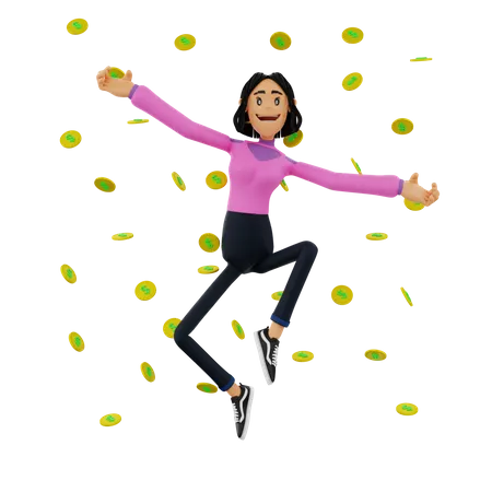 Female Successful Investor jumping in air  3D Illustration