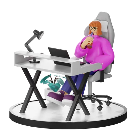Female Taking Coffee Break After Work  3D Illustration