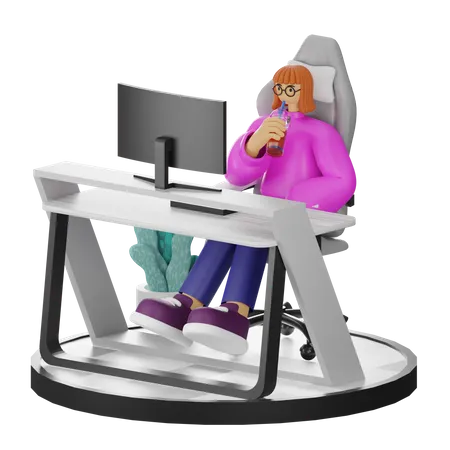 Female Taking Coffee Break After Work  3D Illustration