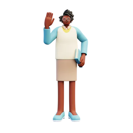 Female Teacher Holding Book While Waving Hand  3D Illustration