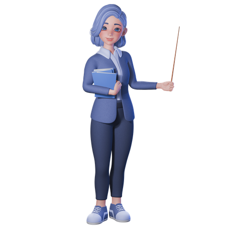 포인터 스틱과 책을 들고 있는 여교사  3D Illustration