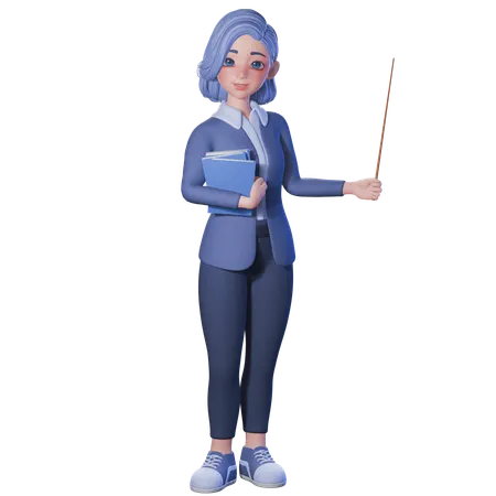 포인터 스틱과 책을 들고 있는 여교사  3D Illustration