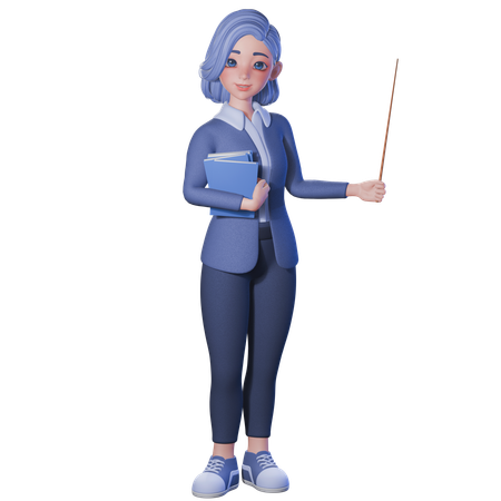 Female Teacher Holding Pointer Stick And Books  3D Illustration