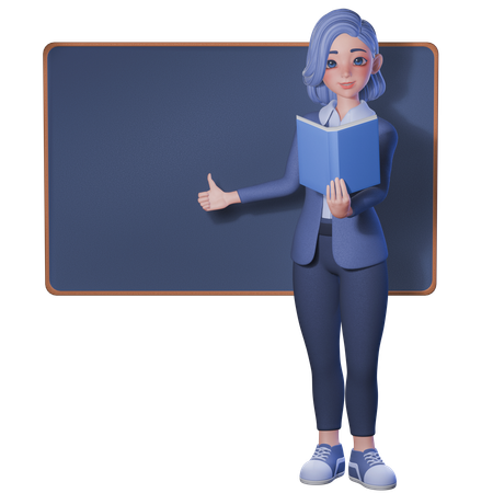엄지손가락을 칠판에 대고 책을 들고 있는 여교사  3D Illustration