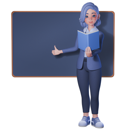 Female Teacher Pointing Her Hand Using Thumbs Up To Board And Holding Book  3D Illustration