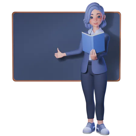Female Teacher Pointing Her Hand Using Thumbs Up To Board And Holding Book  3D Illustration