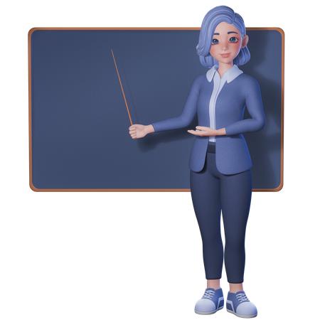 칠판에 막대기를 가리키는 여교사  3D Illustration