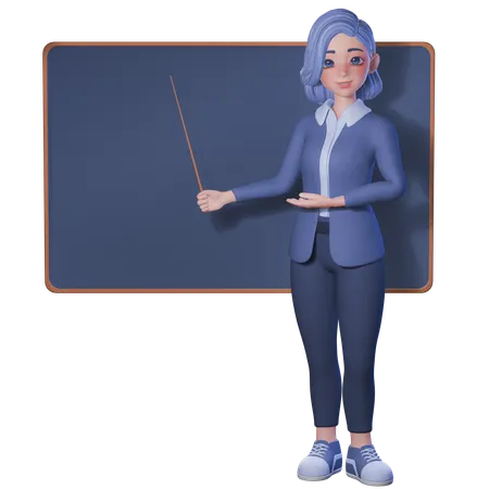 칠판에 막대기를 가리키는 여교사  3D Illustration