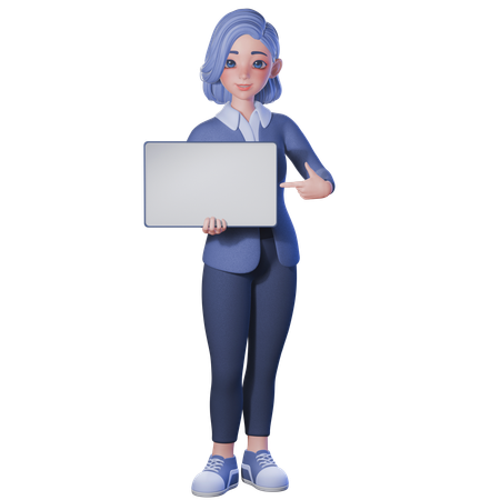 빈 흰색 태블릿을 가리키는 여교사  3D Illustration