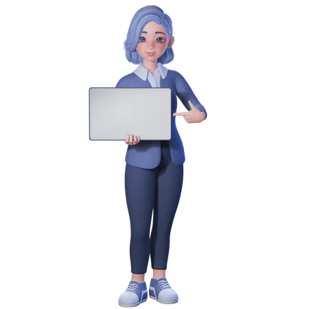 빈 흰색 태블릿을 가리키는 여교사  3D Illustration