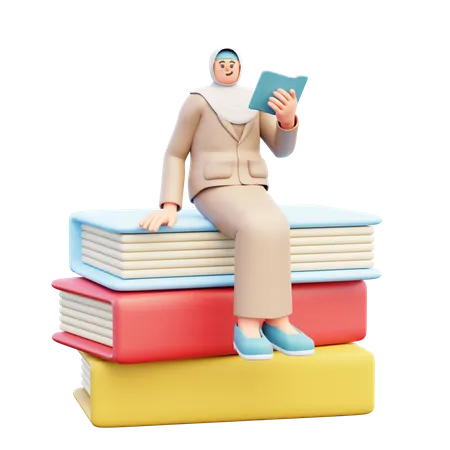 Female Teacher Sitting On Books  3D Illustration