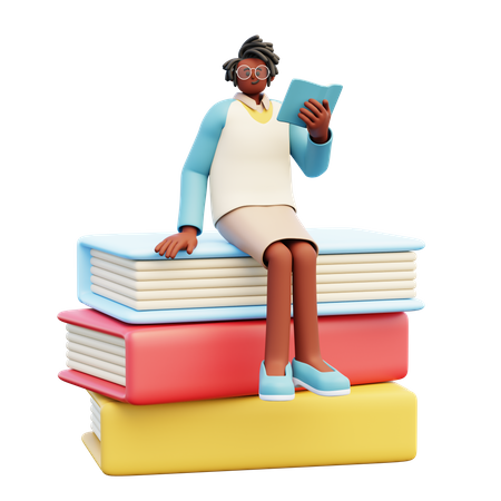 Female Teacher Sitting On Books  3D Illustration