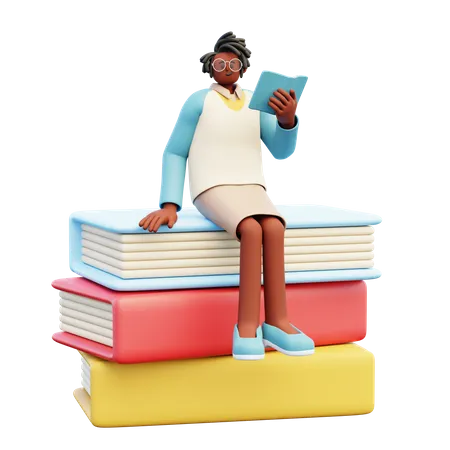 Female Teacher Sitting On Books  3D Illustration