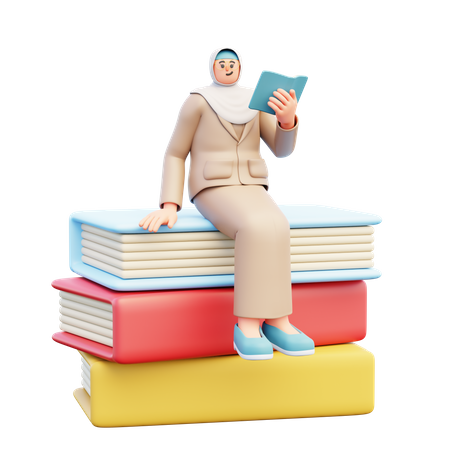 Female Teacher Sitting On Books  3D Illustration