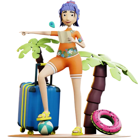 Female tourist finding travel location  3D Illustration