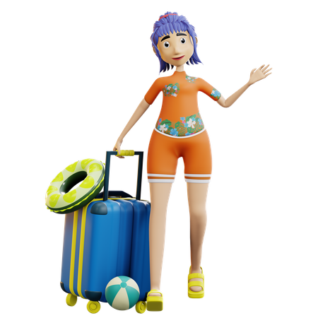 Female tourist holding luggage  3D Illustration