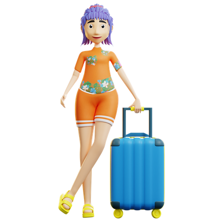 Female tourist holding luggage  3D Illustration