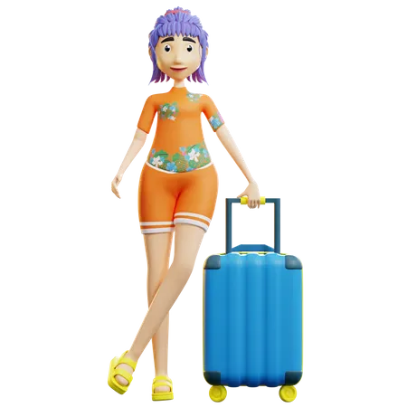 Female tourist holding luggage  3D Illustration