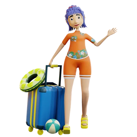 Female tourist holding luggage  3D Illustration