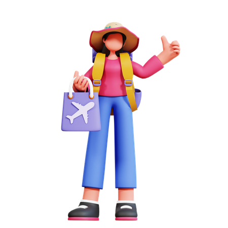 Female Tourist Is Carrying Shopping Bag In Airplane  3D Illustration