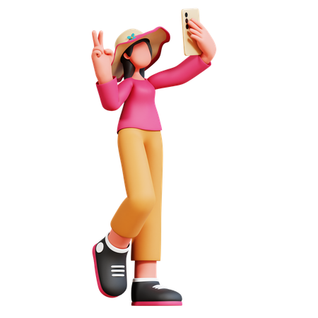 Female Tourist Is Taking Mobile Selfie  3D Illustration