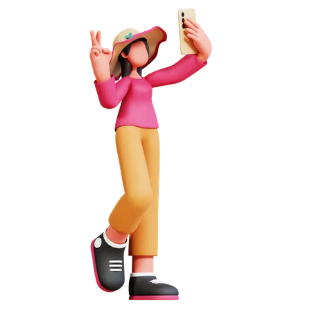 Female Tourist Is Taking Mobile Selfie  3D Illustration