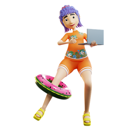 Female tourist working from beach  3D Illustration