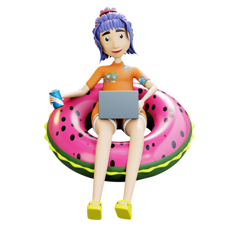 Female tourist working on laptop in swimming tube  3D Illustration