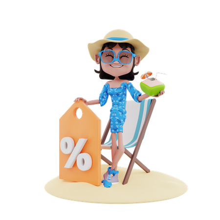 Female Traveler holding discount tag and coconut  3D Illustration