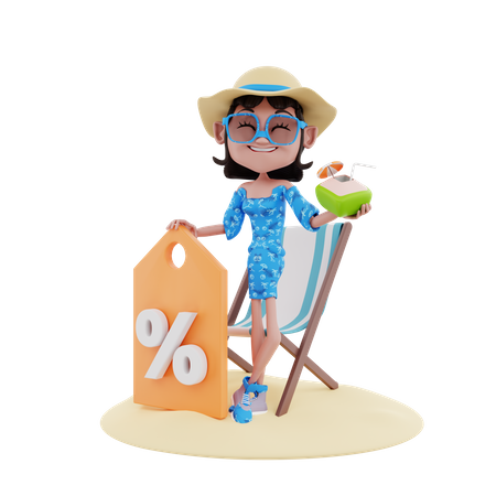 Female Traveler holding discount tag and coconut 3D Illustration