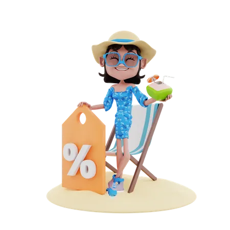Female Traveler holding discount tag and coconut  3D Illustration