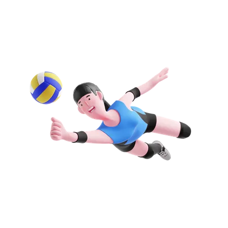 Female Volleyball player diving to catch ball 3D Illustration