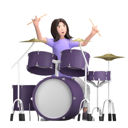 Female With Drum Set  3D Illustration