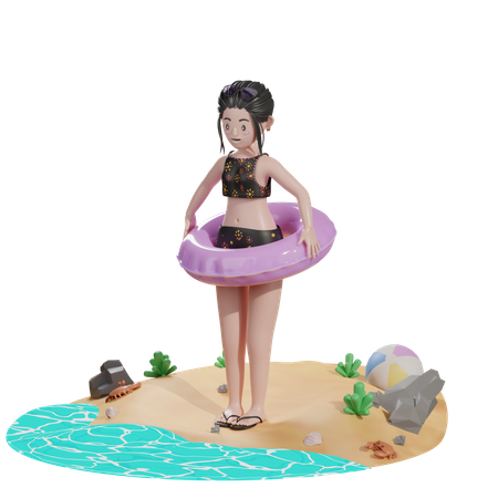 Female with floating balloon 3D Illustration