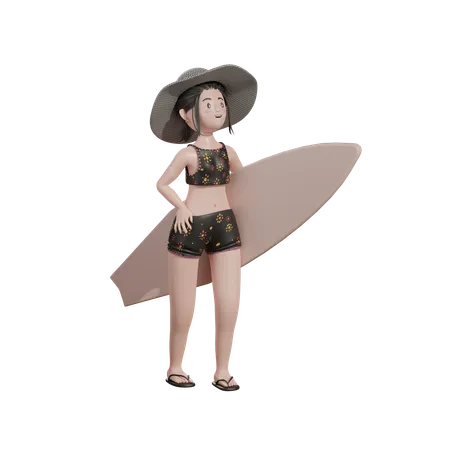 Female with surfing board 3D Illustration