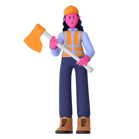 Female Worker Holding Axe  3D Illustration