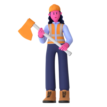 Female Worker Holding Axe  3D Illustration