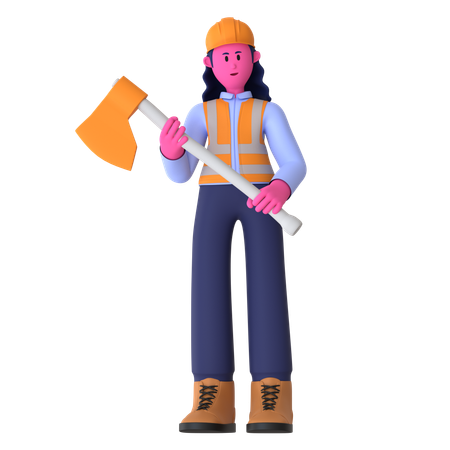 Female Worker Holding Axe  3D Icon