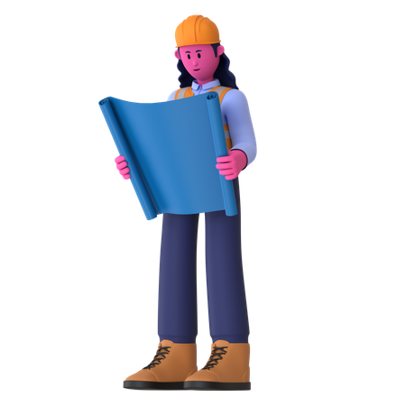 Female Worker Holding Blueprint  3D Illustration