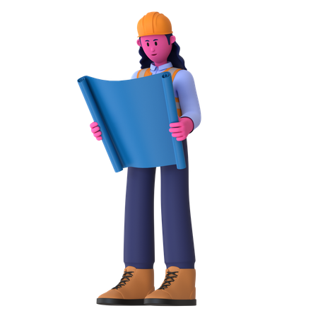 Female Worker Holding Blueprint  3D Icon