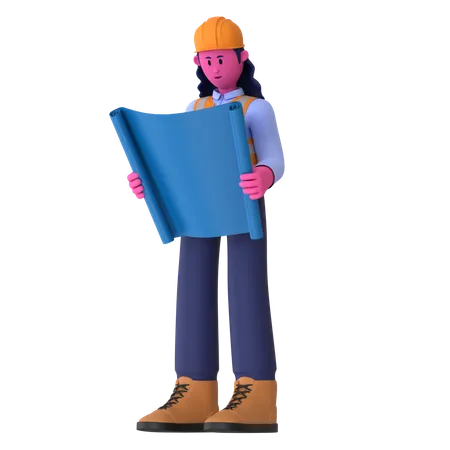 Female Worker Holding Blueprint  3D Illustration