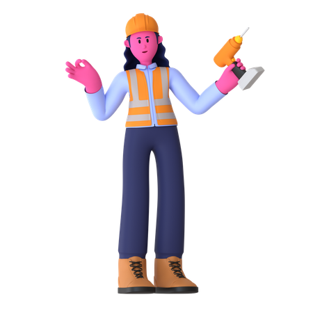 Female Worker Holding Drill Machine  3D Icon