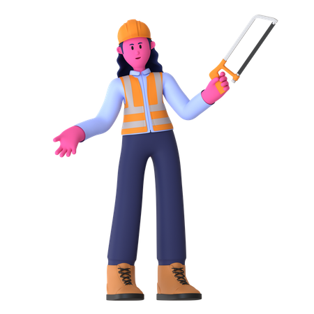 Female Worker Holding Hacksaw  3D Icon