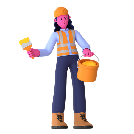 Female Worker Holding Paint Bucket  3D Illustration